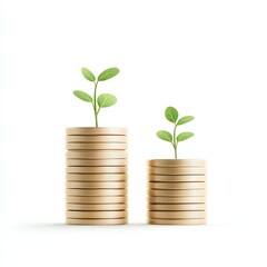 Two wooden stacks with green plants emerging, symbolizing growth and investment on a white isolated background.