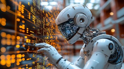 Robot analyzing data on large screen in futuristic facility