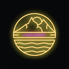 Wall Mural - Round yellow neon sign illuminating a lake and mountain landscape with text lake mount