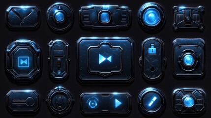 Dark Blue Sci-Fi UI Buttons; Game Interface Design