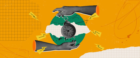 Time Management Retro Halftone Collage with hand gestures, paper scrap elements, grunge abstract elements on bright orange background. Concept of successful time management. Contemporary collage art.