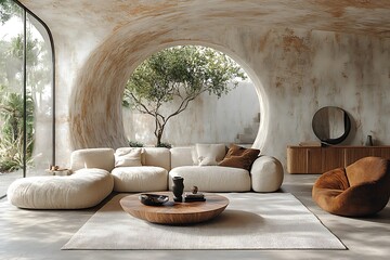 Wall Mural - Minimalistic living room interior with round shapes and natural light