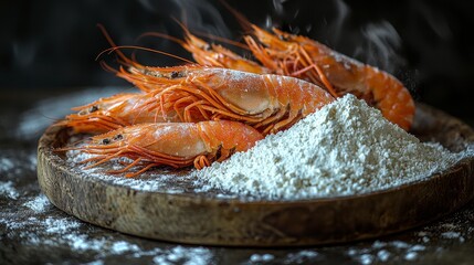 Steaming shrimp on wooden board with flour.