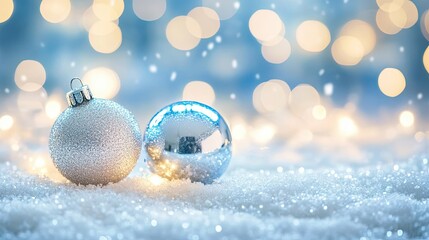 Canvas Print - Silver Christmas Ornaments Resting in Sparkling Snow