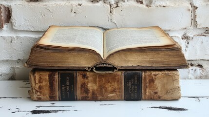 Wall Mural - Open antique books resting on a rustic wooden surface against a weathered brick wall