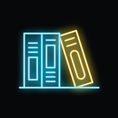 Canvas Print - Glowing neon line bookshelf with books icon isolated on black background, vector illustration