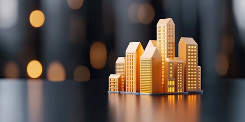 A miniature city skyline with glowing buildings, set against a blurred background of soft, warm lights.