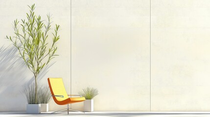 Wall Mural - Modern Minimalist Interior Design with Yellow Chair and Green Plant Against White Wall Background