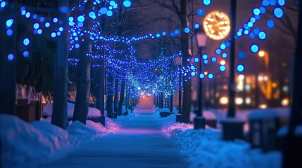 Canvas Print - Snowy Pathway Illuminated By Blue Festive Lights