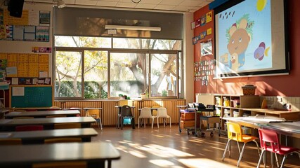 Poster - This sunlit classroom with playful decor and lively character projections.