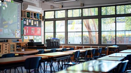 Poster - This Students' desks are arranged in a bright classroom with educational materials on display.