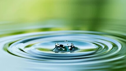 Poster - Single drop of water creating ripples and reflection on smooth surface with green and yellow background, ideal for concepts related to purity, nature, and wellness