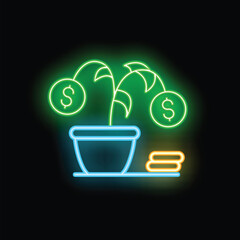 Wall Mural - Neon sign illustrating the concept of money growing on trees with dollar signs for leaves