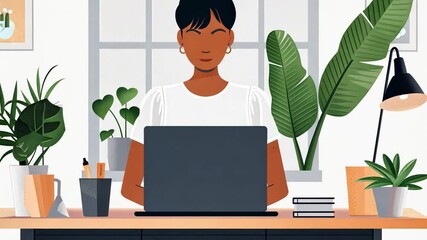 Aufkleber - a woman sits at a stylish desk with a laptop, focused on her work. the room is filled with natural l