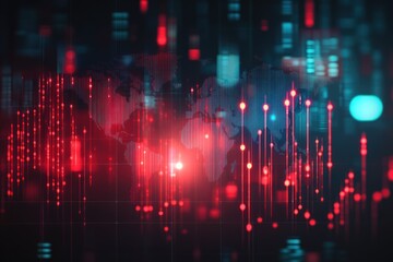 Global network data flow, digital world map, red lights, background blur, tech concept