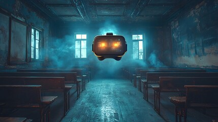 Poster - futuristic classroom with glowing virtual reality headsets transporting students into different hist