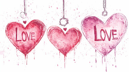 Wall Mural - Three watercolor hearts hanging with chains, dripping paint,  