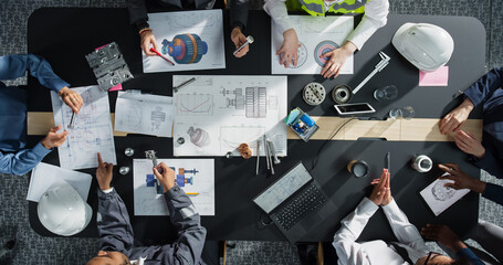 Aufkleber - Top Down View of Diverse Team of Real Estate Construction Engineers Discussing Project Blueprints in an Office. Architectural Bureau with Colleagues Using Tablet, Laptop, Wearing Reflective Jacket