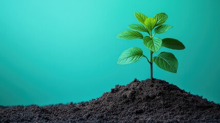 Wall Mural - Young green plant growing in rich dark soil against a vibrant turquoise background