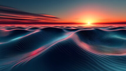 Wall Mural - sunset over abstract wavy landscape