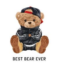 best bear ever slogan with cute bear toy in fashion track suit vector illustration