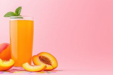 Wall Mural - Refreshing Peach Juice in Glass with Fresh Peaches on Pink Background