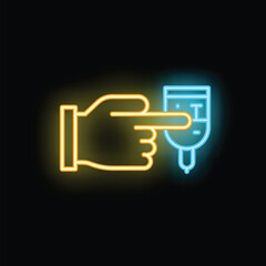 Poster - Glowing neon icon of a hand with index finger extended pointing at an iv bag containing saline solution