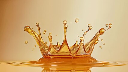 Poster - Golden liquid splashing and forming a stunning crown shape, surrounded by droplets and ripples, set against a soft light yellow background, creating an elegant and dynamic visual
