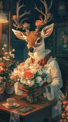 Sticker - Antlered Florist Presents a Bouquet of Roses