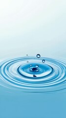 Poster - Concentric ripples expanding on a vibrant blue water surface after a drop impact, creating a mesmerizing visual effect with splashing droplets