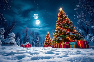 Magical snowy wintry landscape with full moon, decorated Christmas tree and many gifts: Christmas and holidays background
