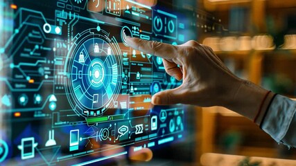 Fototapete - A hand reaches out to engage with a vibrant touchscreen displaying complex digital data and analytics in a contemporary office environment. The atmosphere feels innovative and dynamic.