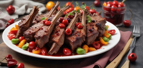 Wall Mural - A plate of lamb ribs is filled with a mix of baked peppers and cherries in cherry juice , cherries, appetizer, food still life