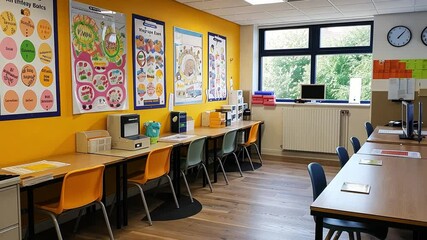 Poster - This vibrant classroom features colorful educational charts and desks for collaborative learning.