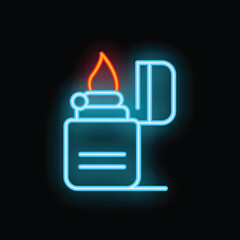 Wall Mural - Blue neon sign of a burning lighter with an open cap on a black background