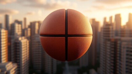 Wall Mural - Basketball in the City: A close-up shot of a basketball suspended in mid-air against a backdrop of towering skyscrapers and a vibrant urban skyline, capturing the energy and dynamism of city life. 