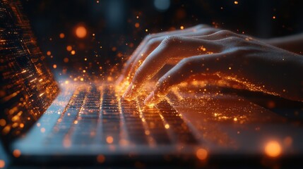 hands typing on laptop keyboard digital data sparkles innovation concept