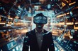 © paperboat - Augmented Virtual Reality Concept: Businessman in 3D World Surrounded by e-Business, e-Commerce, Stock Market, Infographics, Finance, Analysis, Charts, Graphs Icons. 360 Degree Tracking Arc Shot