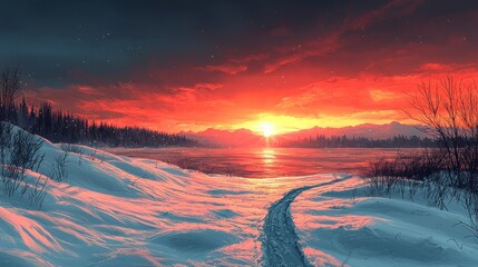 Vibrant sunset over snowy landscape with a path.