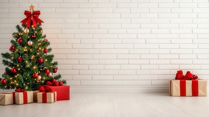 Wall Mural - Christmas tree decorated with presents and a red bow in a festive setting