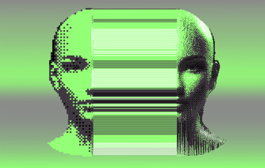 Aufkleber - Glitched and decomposed image of a human face made of pixel particles and resembling a bar code. Conceptual image of an AI personage in a virtual reality.