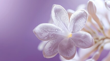 Wall Mural - elegant white lilac flower with dew drops on a purple background. the flower is in focus, with a blu