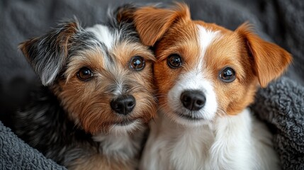 Wall Mural - Two adorable dogs snuggling together in a cozy blanket, showcasing their playful bond and warmth