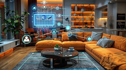 Leinwandbilder - A contemporary living room features a sleek couch and coffee table, enhanced by holographic displays showing home automation controls and data visualization in a bright environment.