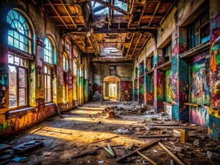  Abandoned Urban Decay: Graffiti-Covered Building Interior, Grungy Textures, Mysterious Atmosphere
