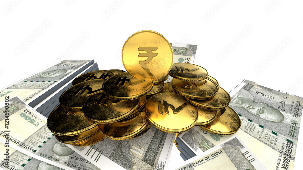 Golden Indian rupee sign and Indian currency coin isolated on 3d render ...