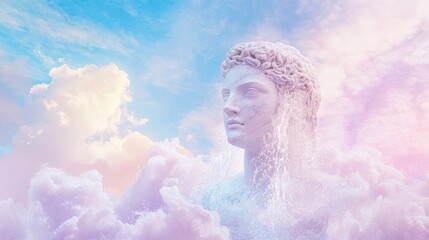 Wall Mural - Majestic Waterfall Flowing from Ancient Sculpture Amidst Ethereal Clouds and Sky Colors