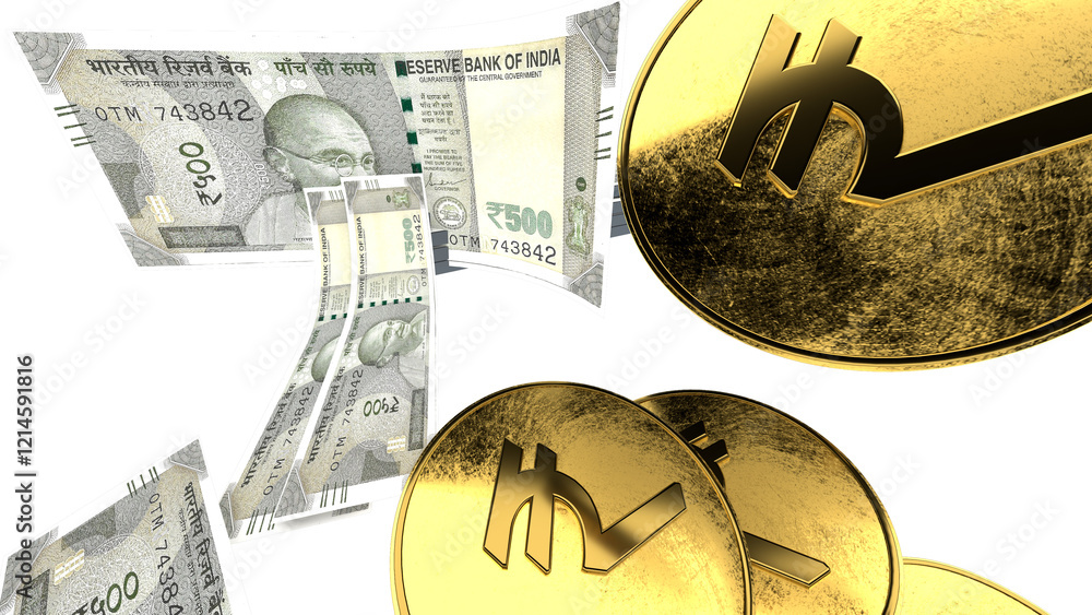 Golden Indian rupee sign and Indian currency coin isolated on 3d render ...