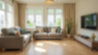 © Svetlana - Blurred background of cozy living room with modern furniture, soft lighting, comfortable sofa, stylish decor, wooden floor, home interior, contemporary design, residential space, warm tones