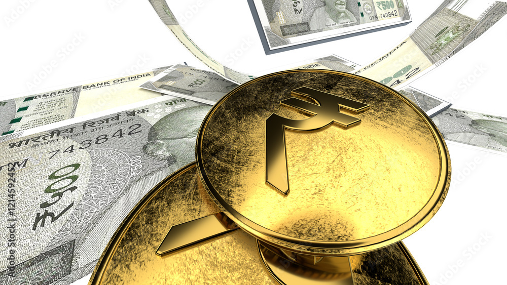 Golden Indian rupee sign and Indian currency coin isolated on 3d render ...
